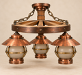 Vintage 70s Copper and Glass Wagon Wheel Lamp