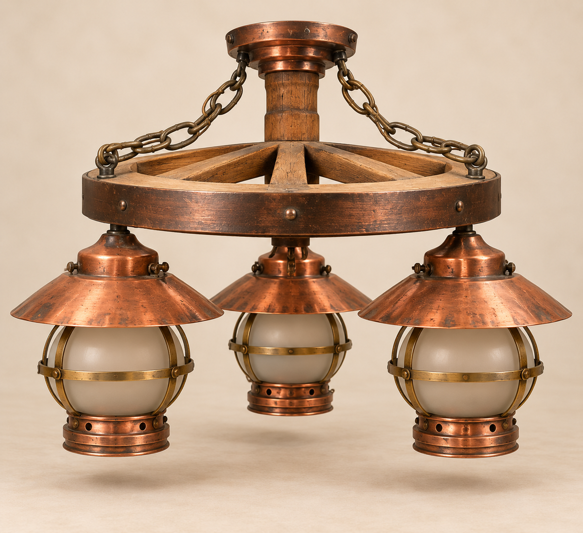 Vintage 70s Copper and Glass Wagon Wheel Lamp