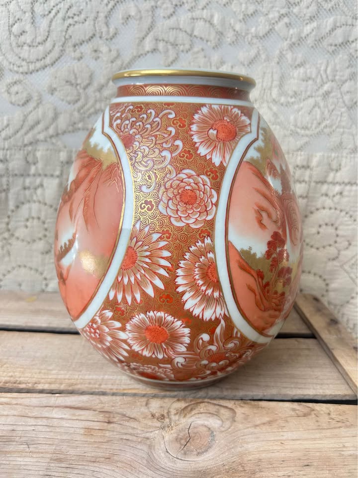Vintage Tosen Japanese Kutani-Style Vase Red Gold Orange Hand-Painted “Tōsen”